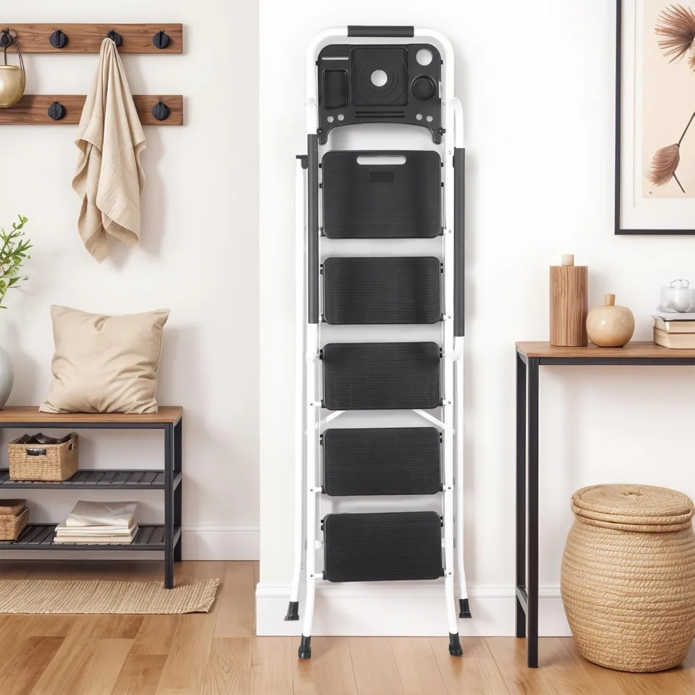 سلم قابل للطي للبالغين - مقعد فولاذي محمول مع صينية أدوات، معالجات واسعة مضادة للانزلاق، ميزة قفل أمان، مثالية للمنزل و