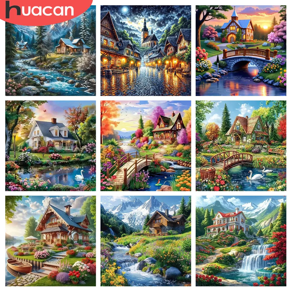 HUACAN Diamant Malerei Haus Natur Landschaft Wohnzimmer Wand Dekor Voll Platz Runde Diamant Mosaik Bilder Strass