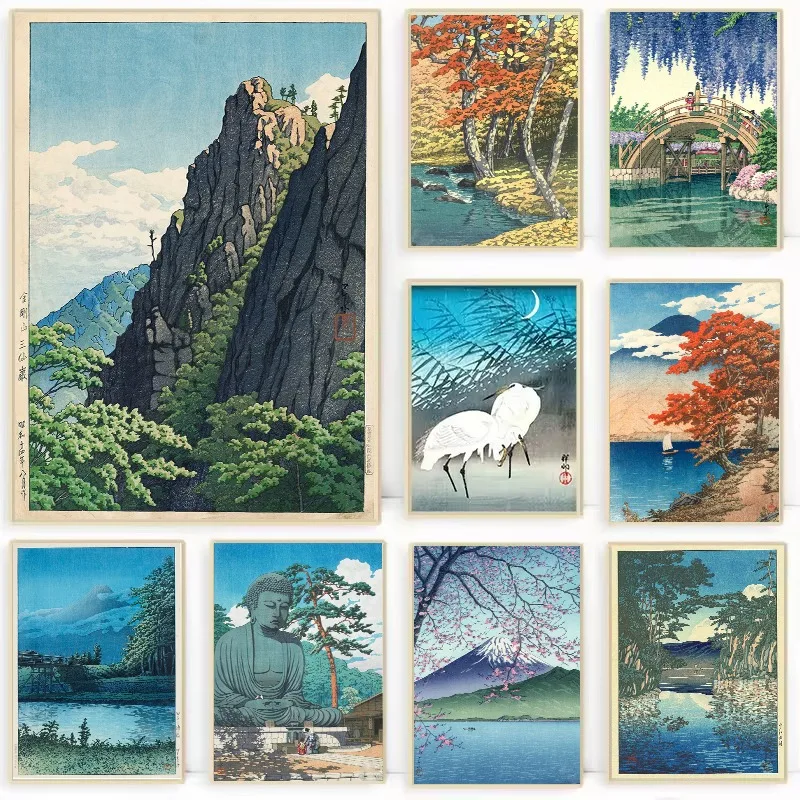 Vintage Japan Kawase Hasui Poster Japanese Ukiyoe Mount Fuji Sakura Landscape Canvas Painting Wall Art Living Room Home Decor