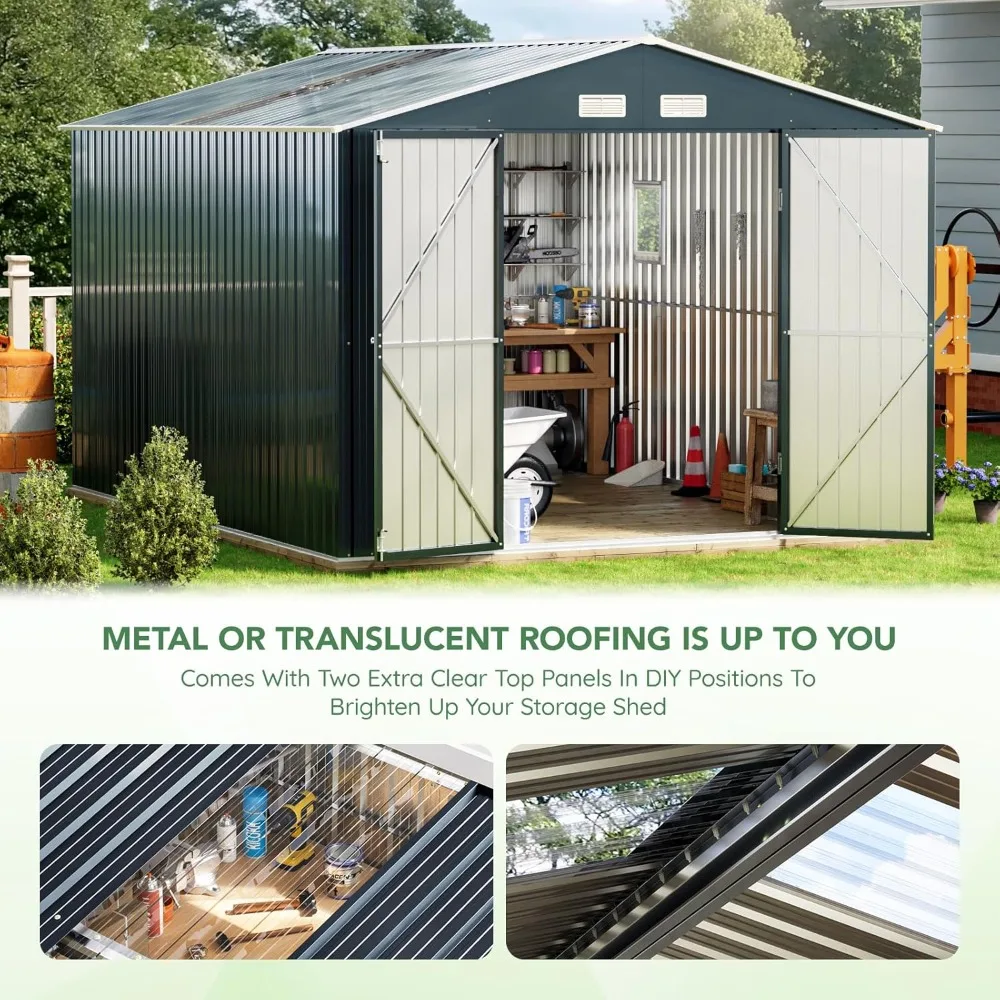 Outdoor Steel Storage Shed with Lockable Doors, 2 Windows, Transparent Roof Panels (Wood Panels & Frame Floor Not Included)