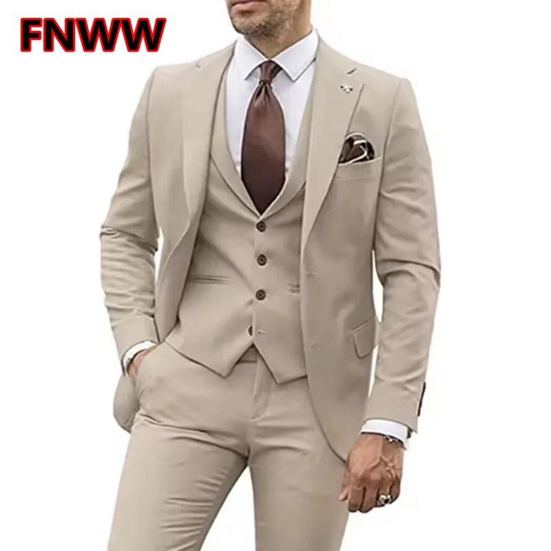 

3 Pieces Beige Slim Fit Men's Tuxedo Suits 2023 Groom Wedding Formal Party Best Man Groomsmen Suit Male Trajes De Hombre