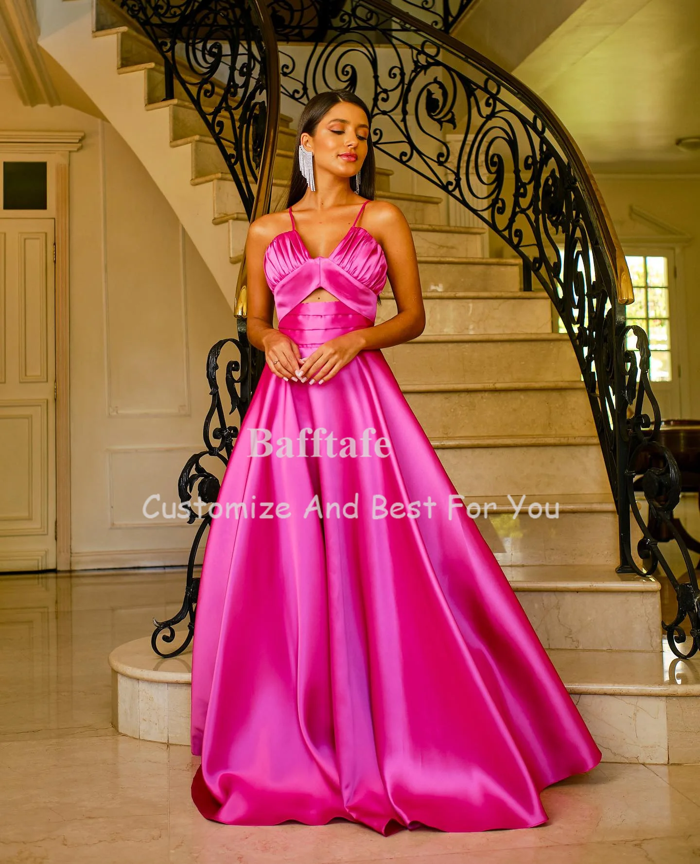 Bafftafe Fuchsia A Line Formal Prom Gowns Spaghetti Strap Floor Length Evening Dresses Women Special Celebrity Bridesmaid Dress