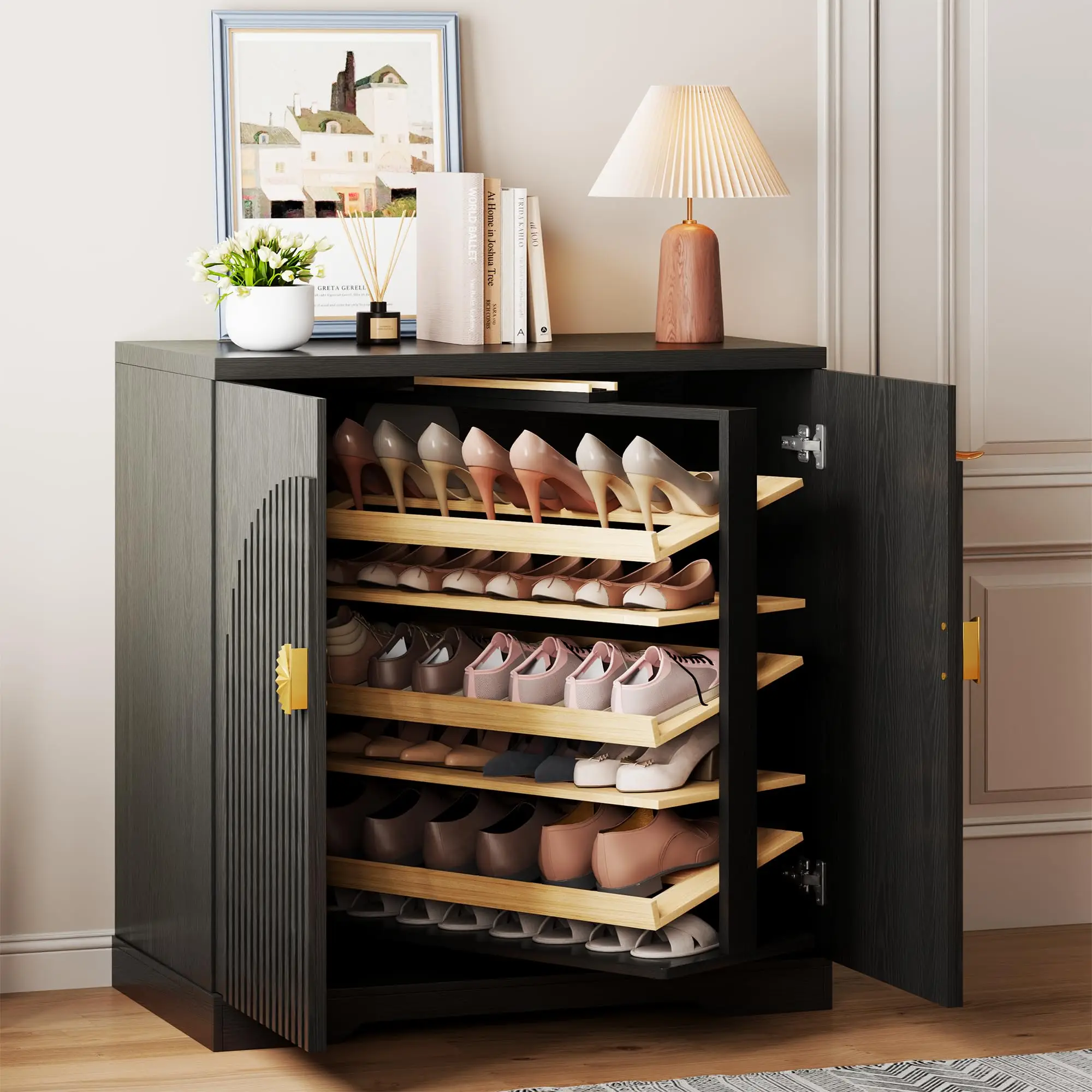 Rotating Shoe Storage Cabinet with Doors and 6 Tier Shelves, Black
