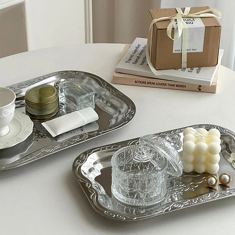 Vintage Edelstahl Tablett Floral Geprägte Serviertabletts Für Dessert Rechteckige Schmuck Lagerung Platte Hause Dekoration Werkzeug