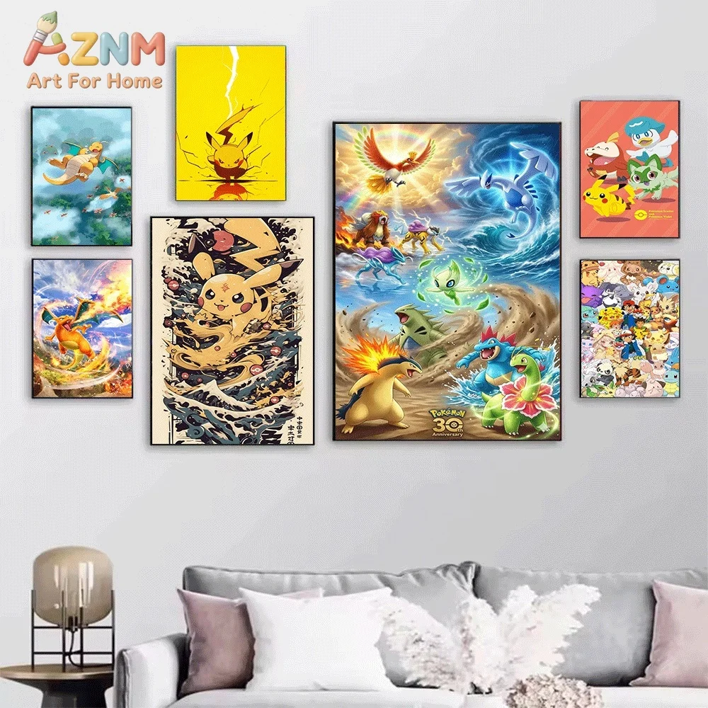 AZNM Charizard Fire Dragon Starry Night Cloud Pattern Canvas Wall Print, Pokemon Anime Game Art Poster, Unframed Canvas Painti