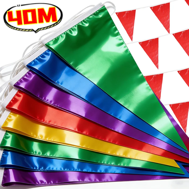 Drapeaux triangulaires brillants et colorés de 40 m, imperméables en PE, pour fête d'anniversaire, bannières triangulaires, décoration de fête de mariage, à suspendre