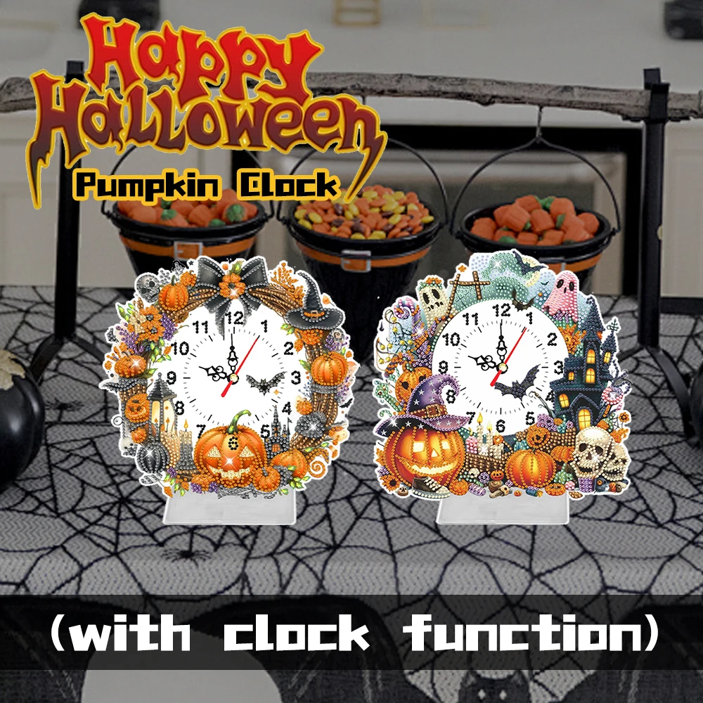 

Acrylic Special Shaped Halloween Pumpkin Colorful Crystal Diamond Clock Rhinestone Clock Handicraft for Home Table Decor