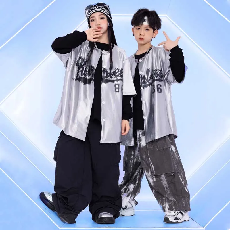 Hip Hop Dance Kostüm Junge Oversize Silber Hemd Street Dance Outfit Shuffle Hosen Mädchen Jazz Dancewear Cooles Kind Streetwear 1597