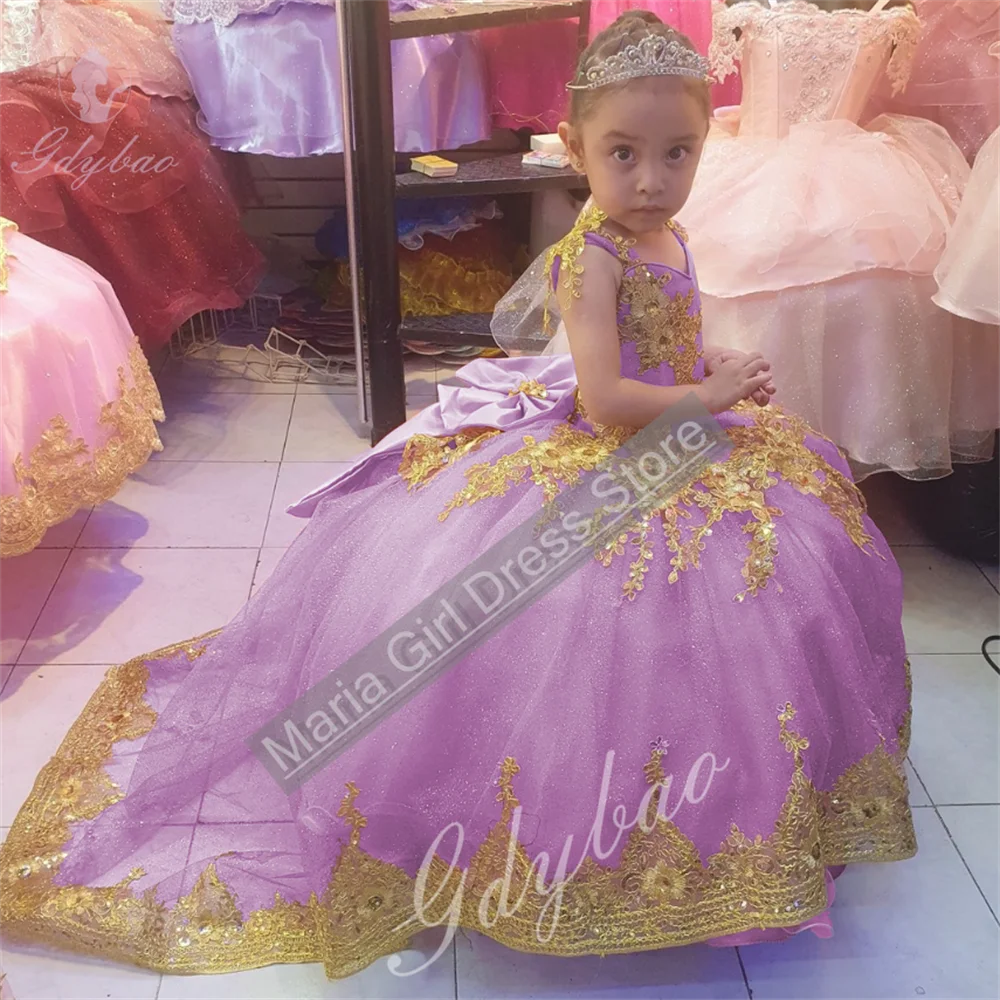 Robe de soirée en dentelle dorée moelleuse pour fille, nœud en satin appliqué, traînant, convient pour le premier sacrement, le Rhd'anniversaire, la fleur