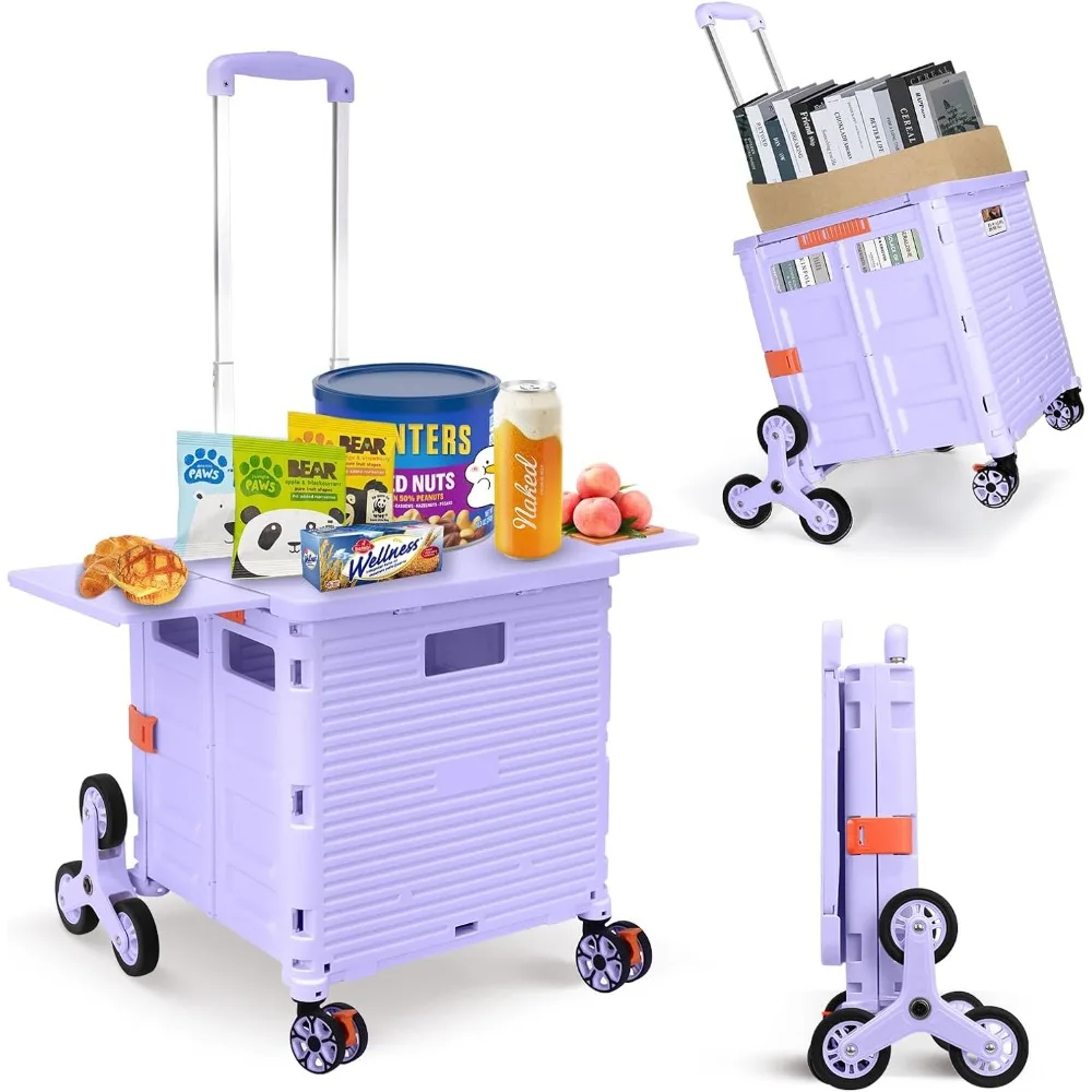 

Foldable Utility Cart Collapsible Portable Crate Rolling Carts with Stair Climbing Wheels Tote Basket with Magnetic Lid Telescop