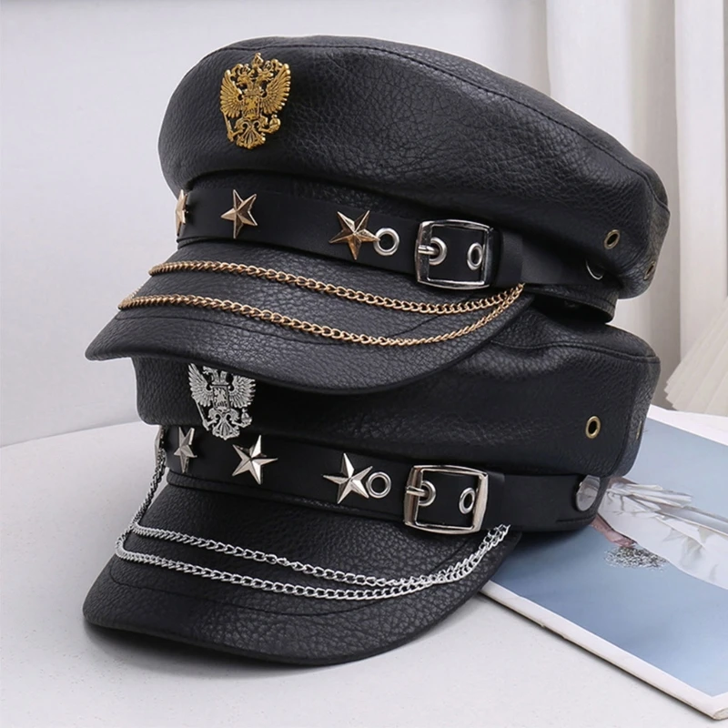 chain-trim-flat-top-hat-for-women-party-wear-with-pu-leather-and-studded-buckles-band-fashion-cabbie-cap-for-casual-outfit-964a