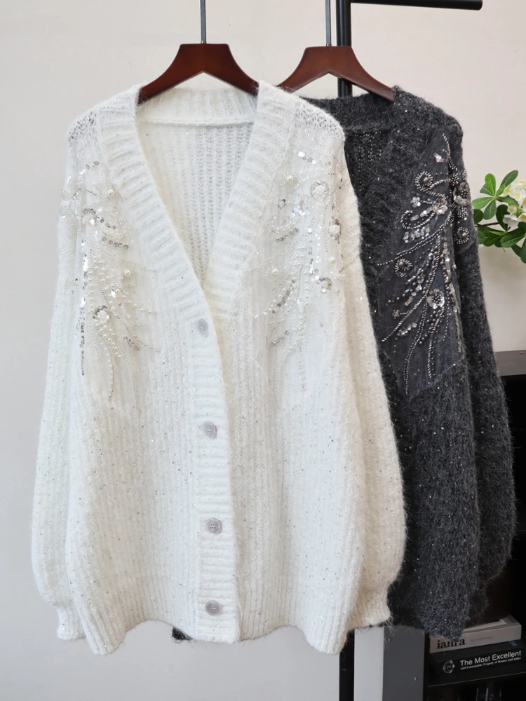 Autumn Jacket Elegant V-Neck 3D Beaded Flower Design Sweater Women's Loose Long-Sleeved Knitted Cardigan Mid-Length Female Tops