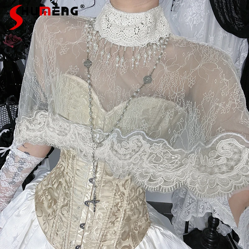 المرأة اليابانية Rojita نمط الحلو Y2k Blusas هالوين الزي الدانتيل بلوزة مثير شفافة شال الشيفون رقيقة Kawaii قميص #4