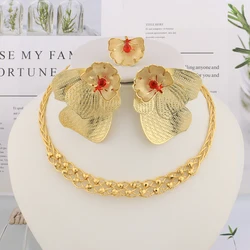 African Luxury Gold Color Flower Shaped Necklace Earrings Ring Set For Women Unique Complicated Design Jewelry Gift For Festival