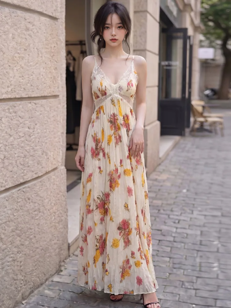 Summer Floral Pleated Luxury Long Dress Women Fashion Patchwork Lace V-Neck Sling Dress 2026 Korean Elegant Bodycon Party Dress