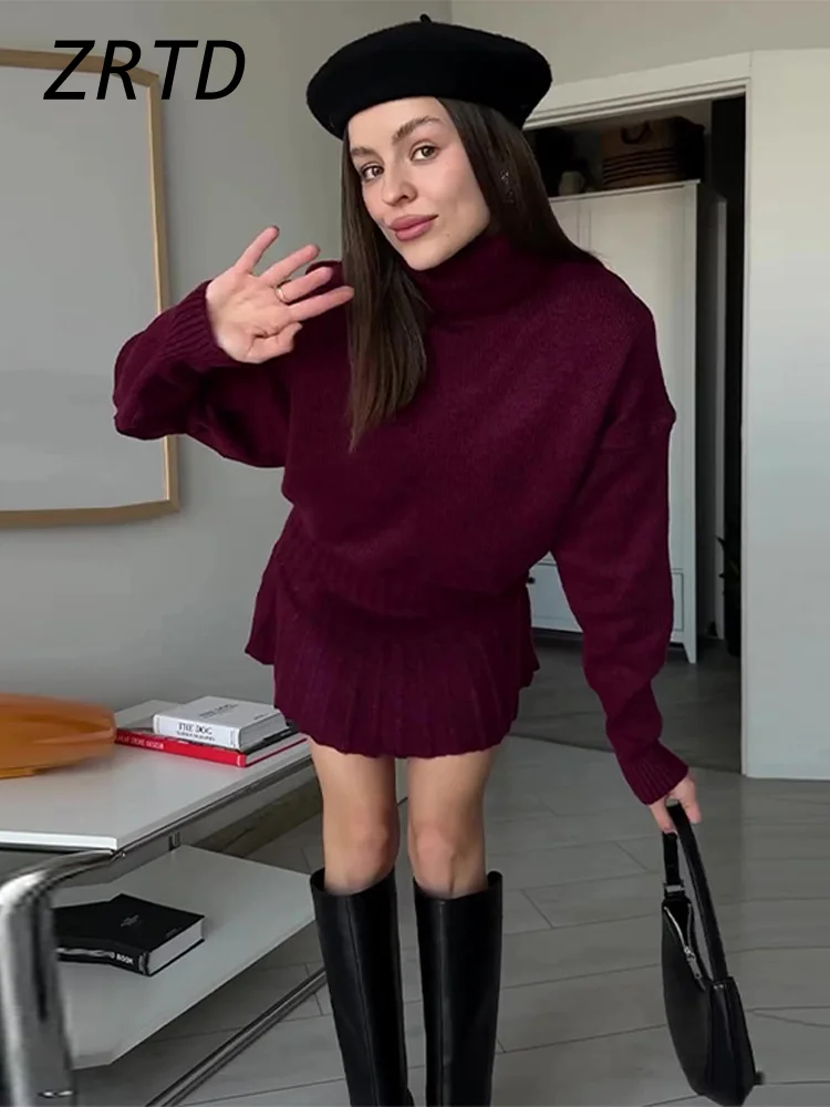 Elegant Red Wine Pullover Mini Skirt Sets Vintage High Collar Female Sweater Short Pleated Skirts 2024 Autumn Lady Knit Outfits