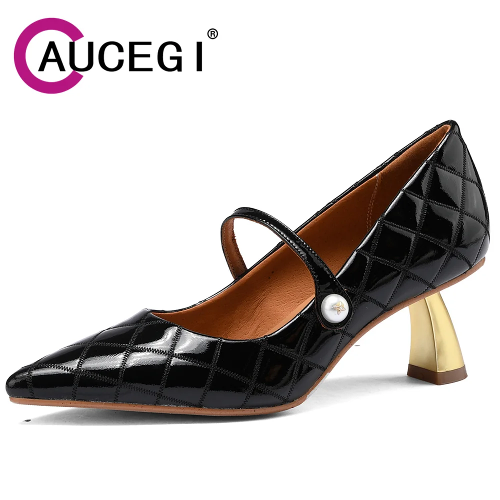 Aucegi Hot Sale Sexy Pointed Toe Pumps Plaid Genuine Leather 6cm High Heels Party Dress Women Shoes Large Size 34-43 Black White