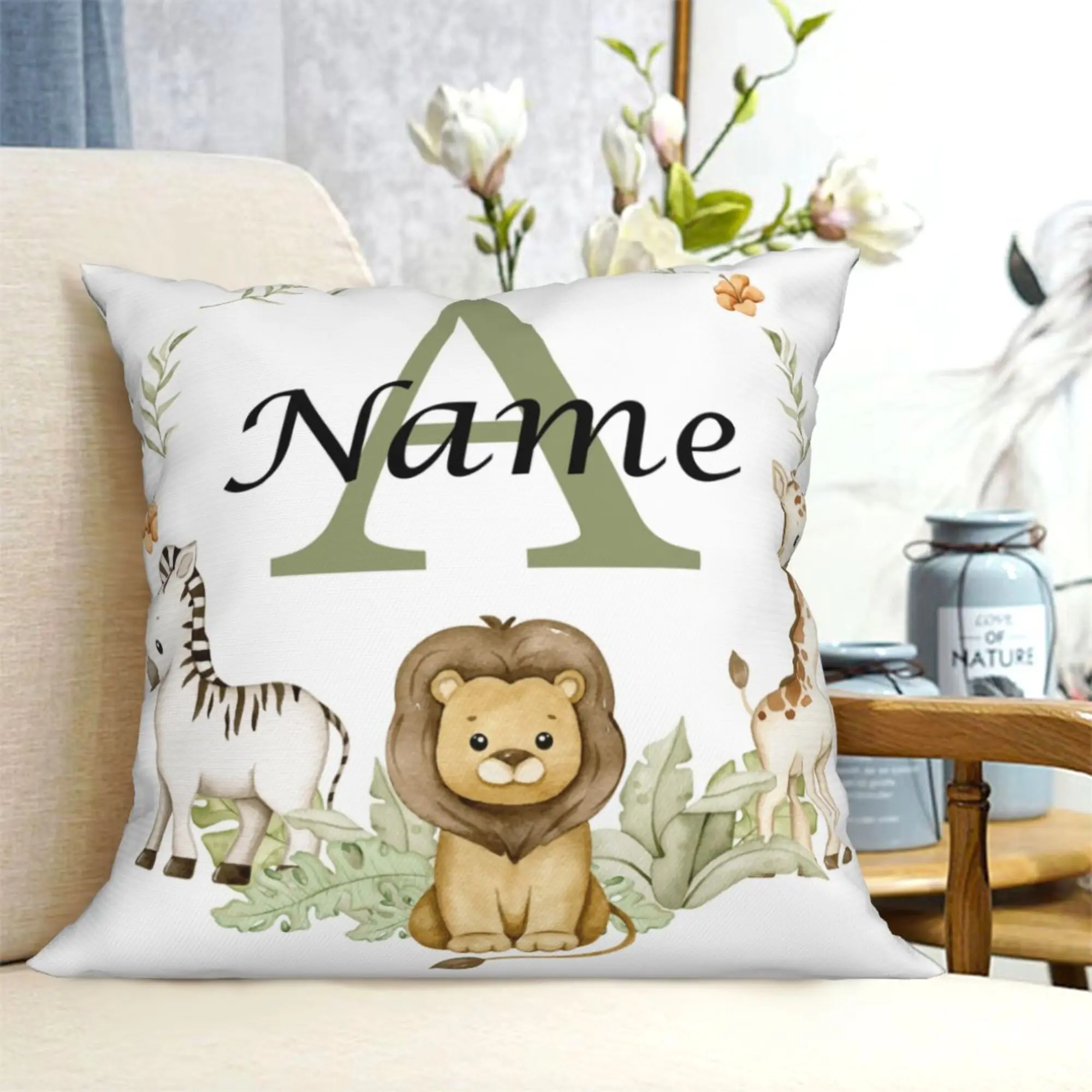 Funda de almohada con nombre de Animal, funda antipolvo personalizada para dormitorio, decoración de fiesta salvaje para niños