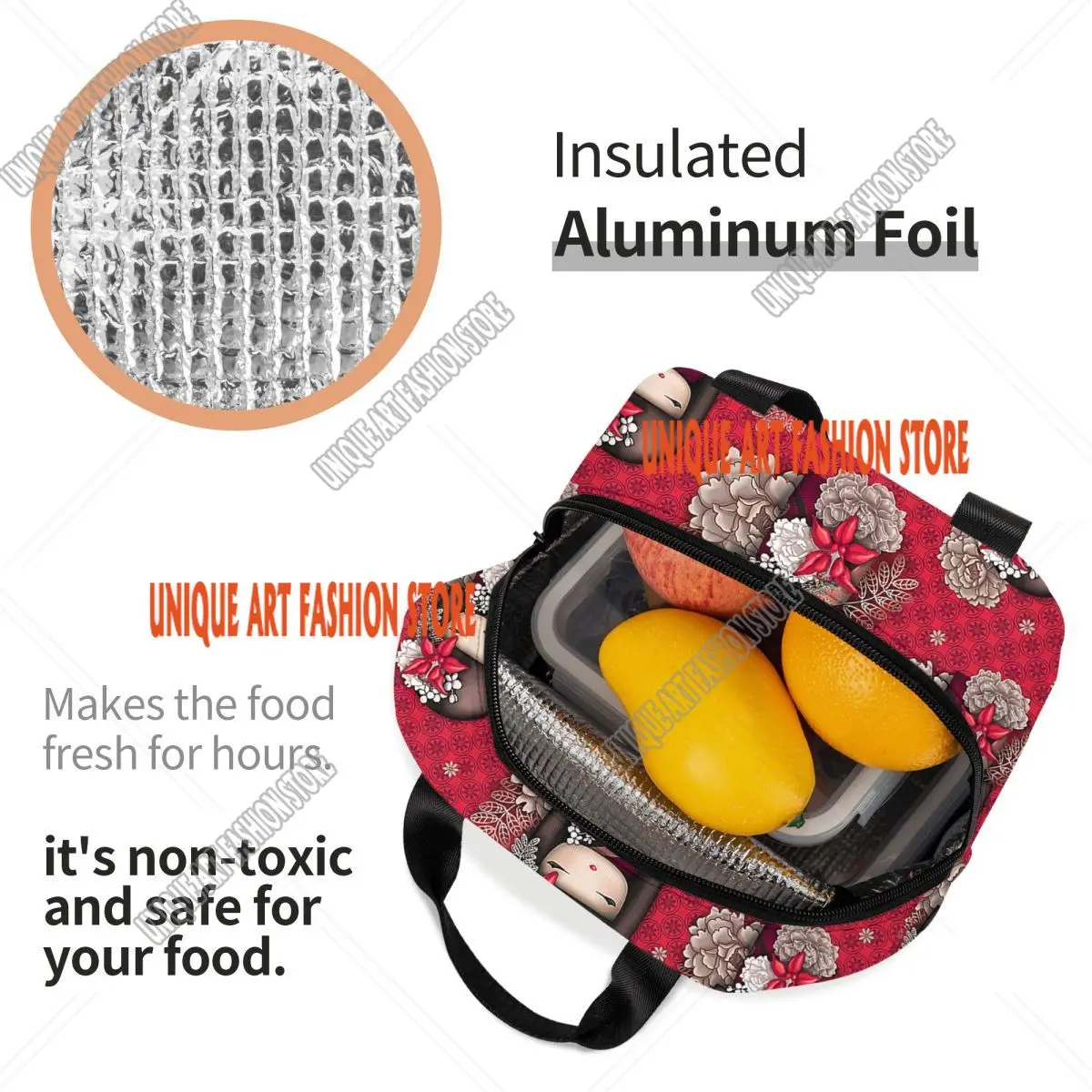 Borsa da pranzo isolata giapponese per bambola Sakura Kokeshi rossa personalizzata per le donne Bento Box termico a tenuta stagna per bambini in età scolare