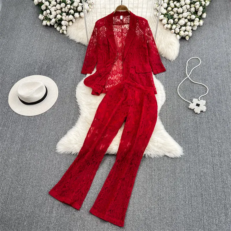 OL Professional Fashion Set Office Lady Temperament Lace Suit Coat Two Piece Casual High Waist Flare Pants Elegant Outfits Z1238