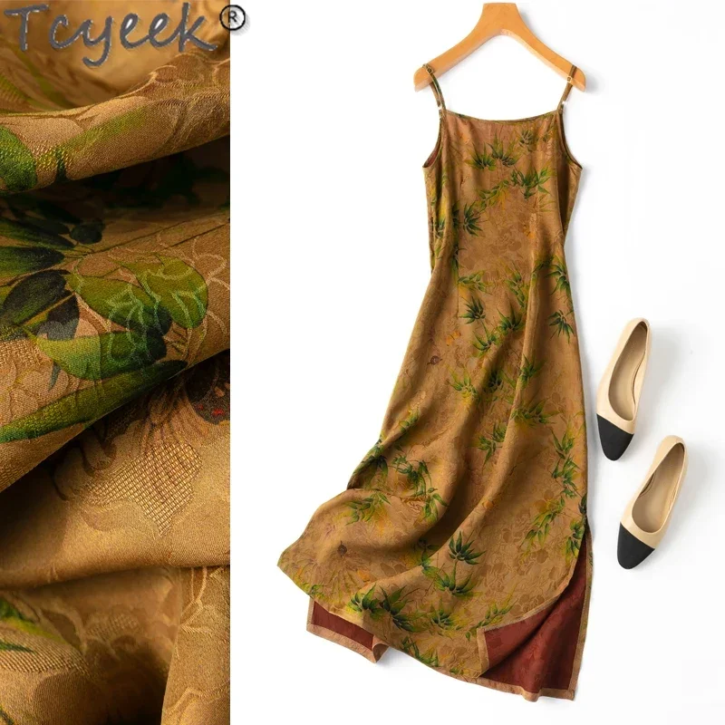 Tcyeek 100% Mulberry Silk Dress Women Elegant Women's Dresses 28MM Real Silk Vintage Dress Sling Summer Clothes Vestido Mujer