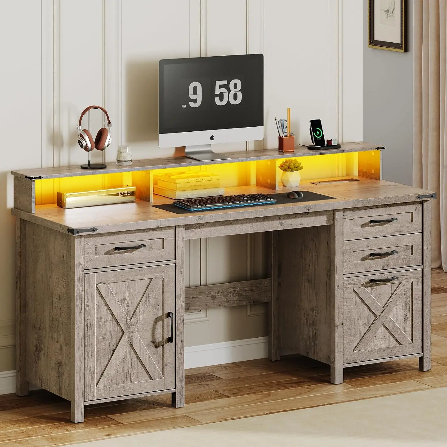 

Farmhouse Office Desk with Drawers, 63 Long Computer Desks with File Drawers, Storage Cabinet, Home Office Gaming Desk wi