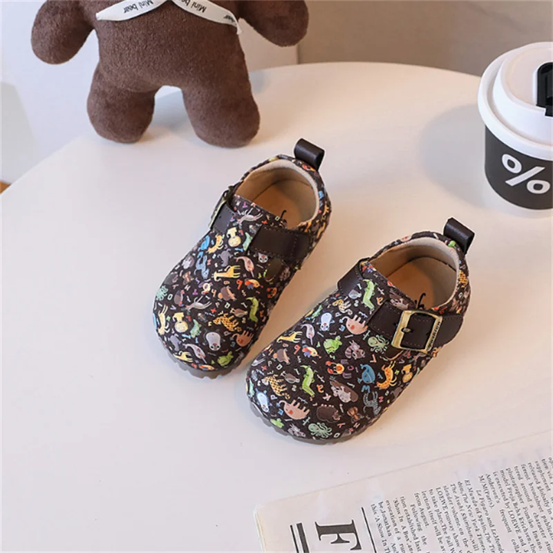 2024 New Children Shoes For Girls Leather Animal Pattern Barefoot Shoes Soft Sole Outdoor Tennis Fashion Kids Sneakers EU21-30