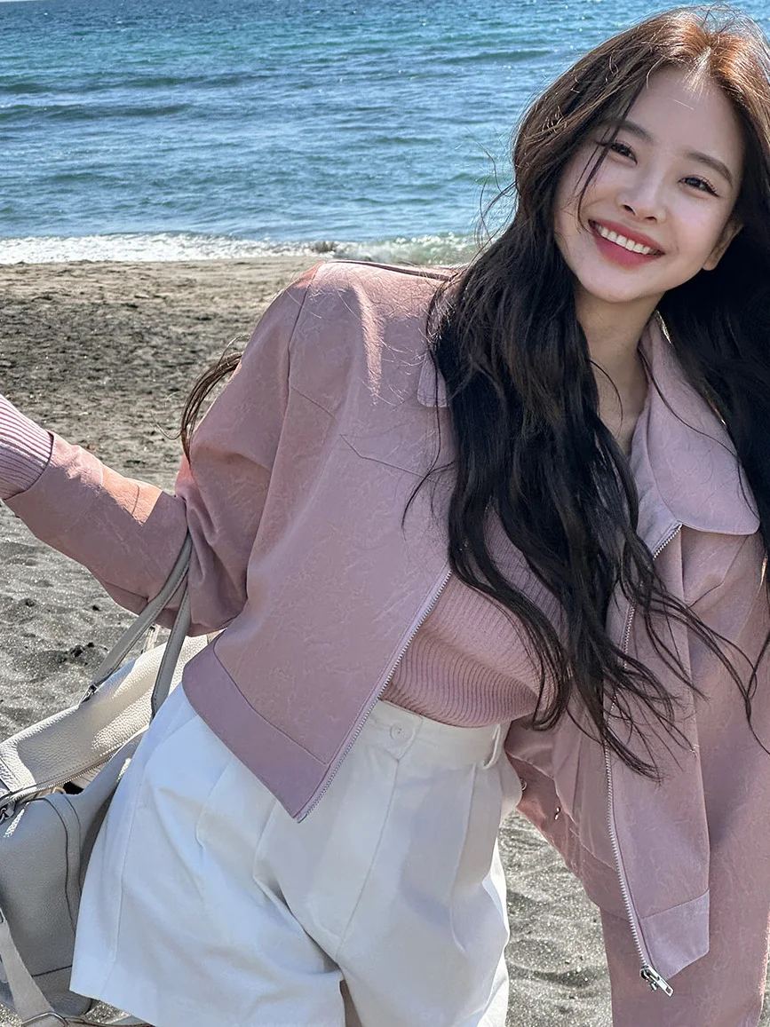 Sweet American Sle Pink Long Sve Rits Jaet ort Bovenkleding Dames Nieuwe Lente High-End Klein Formaat Leer Jaet