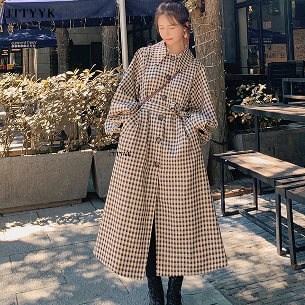

Spring Autumn Long Plaid Trench Coat Women Loose Casual Single Breasted Windbreaker Overcoat Luxury Designer Clothes 2023