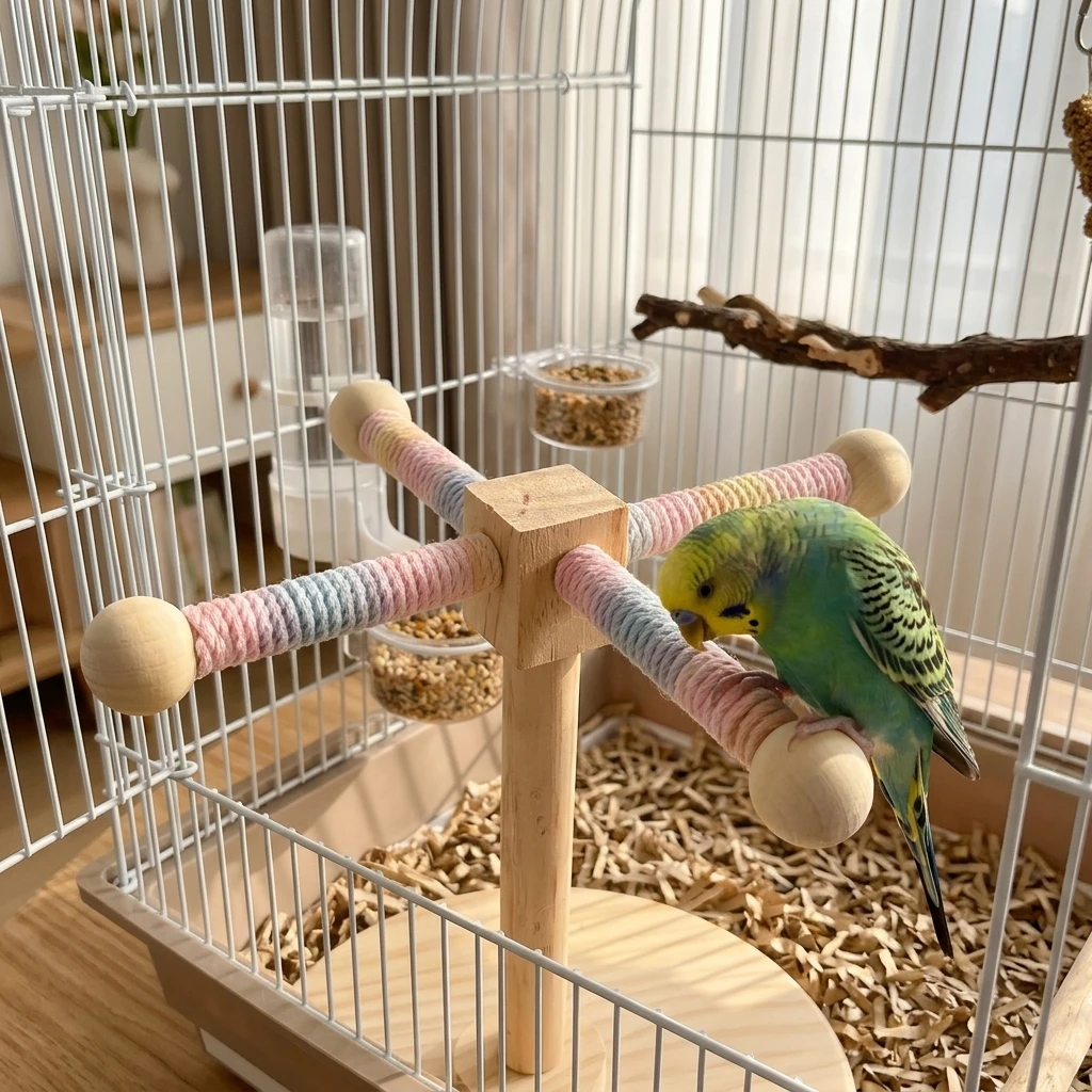 Parrot Rotating Windmill Stand Interactive Hanging Toy Durable Chewing Beak Grinding Natural-Wood Stainless Steel