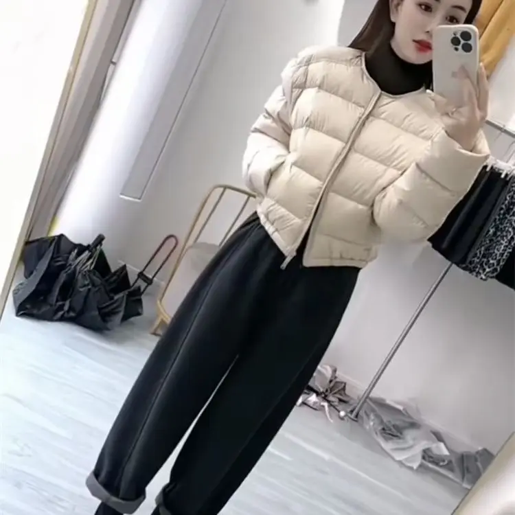 

Fashionable Lightweight Autumn Winter down Cotton Jacket Women's Cozy Slim Fit Short Style round Neck Cotton Coat