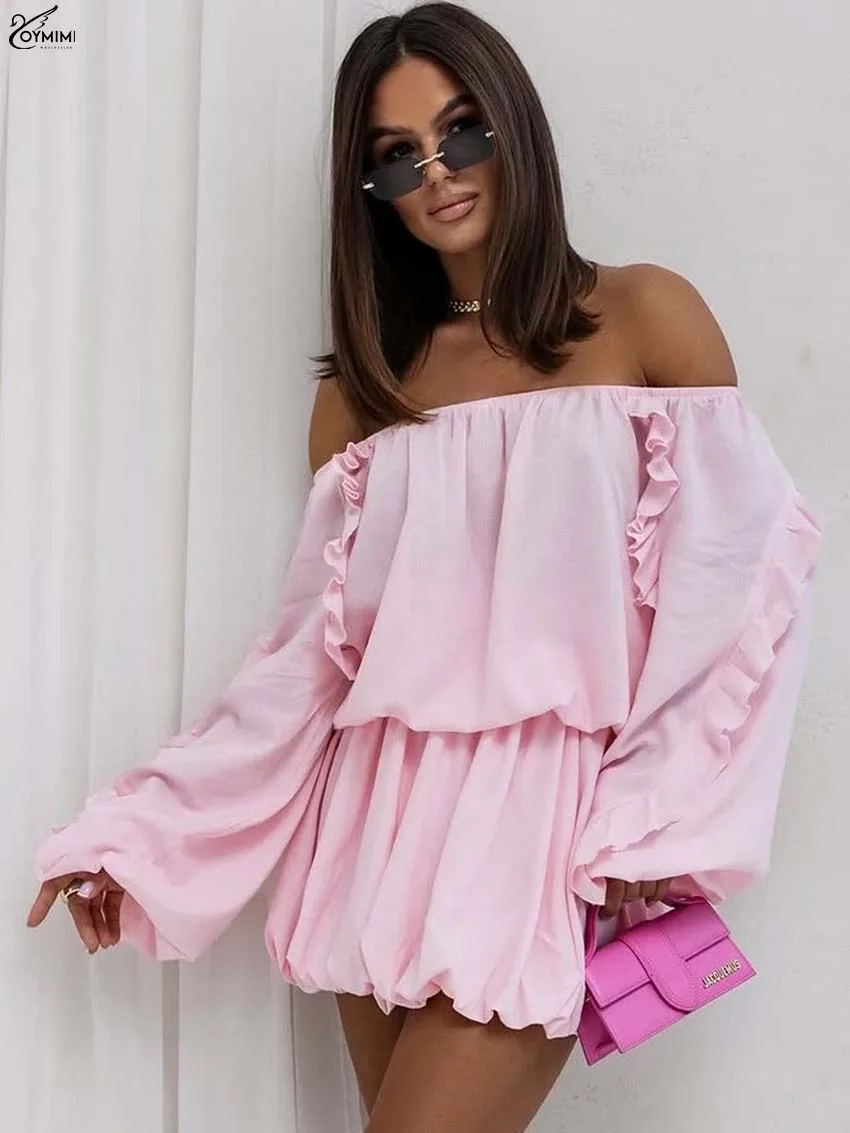 طقم مكون من قطعتين من القطن الوردي على الموضة من Oymimi للسيدات أنيق بدون حمالات وأكمام طويلة مكشكشة ومجموعة تنانير صغيرة بطيات عالية الخصر #1