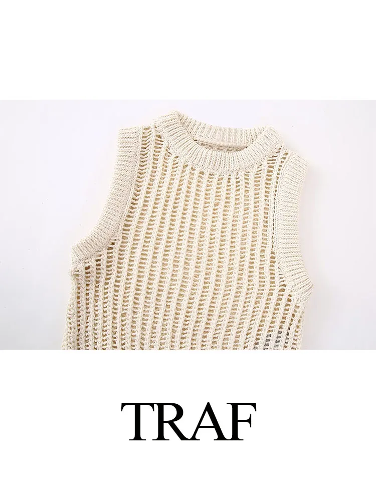 TRAF 2023 New Women\'s Fashion Slim Knitted Crop Tops Solid Color O-Neck Hollow Out Sleeveless Female High Street Style Tank Tops