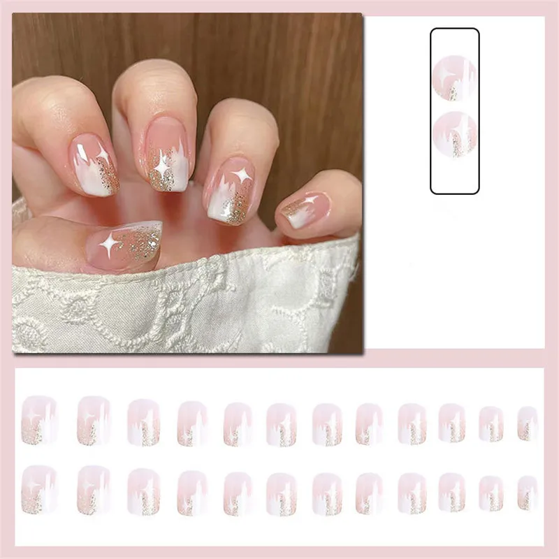 Minimalist ins Wearing Nail Women Nail Patch Finished Star Sparkling Pink Gradual Double Panel Nail Patch Removable Short Nail