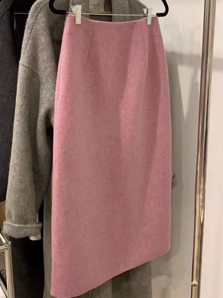 Pink Woolen  Skirt Women's Autumn Winter High Waist A-Line Straight Cut Long Skirt with Sweater Back Split Casual Skirt