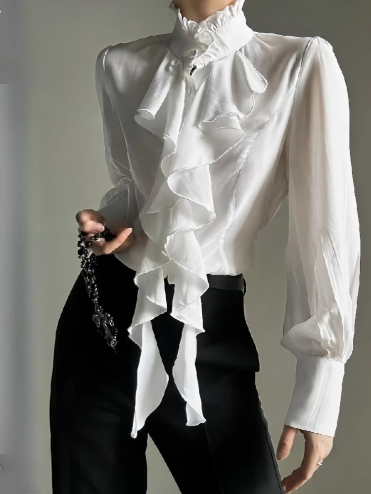 Y2k French Elegant High-End Slim Vintage Ruffled Long Sleeve Women Shirts 2000s Autumn England Style Pure Color Dark Blouse Chic
