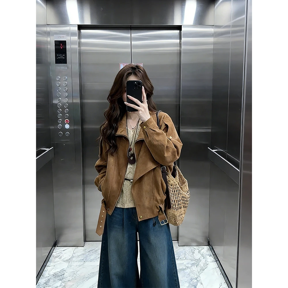 Early Autumn Suede Jacket Women's Casual Style Beautiful Unique Thickened Long Sleeve Polyester Lined Outerwear