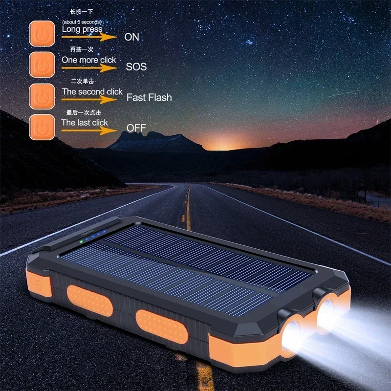 200000mAh Solar Power Bank ricarica rapida batteria esterna 2USB Outdoor Mobile Power Supply torcia per Xiaomi IPhone Samsung