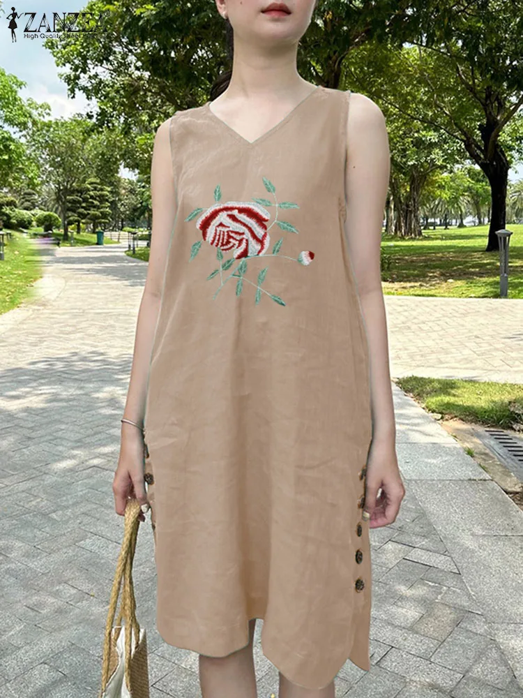 

ZANZEA Women Sleeveless Embroidery Dress Baggy Tank V-neck Long Robe 2024 Summer Holiday Vestidos Casual Loose Dress Oversized