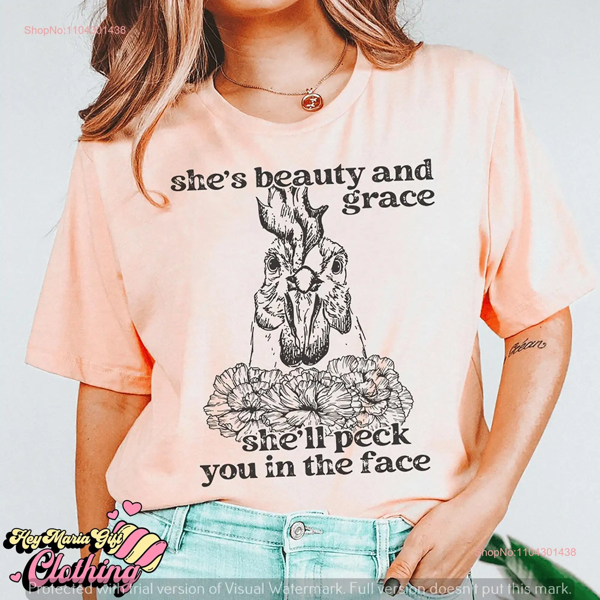 She's Beauty And Grace She'll Peck You In The Face T Shirt Chicken Lady Funny Lover Farm long or short sleeves