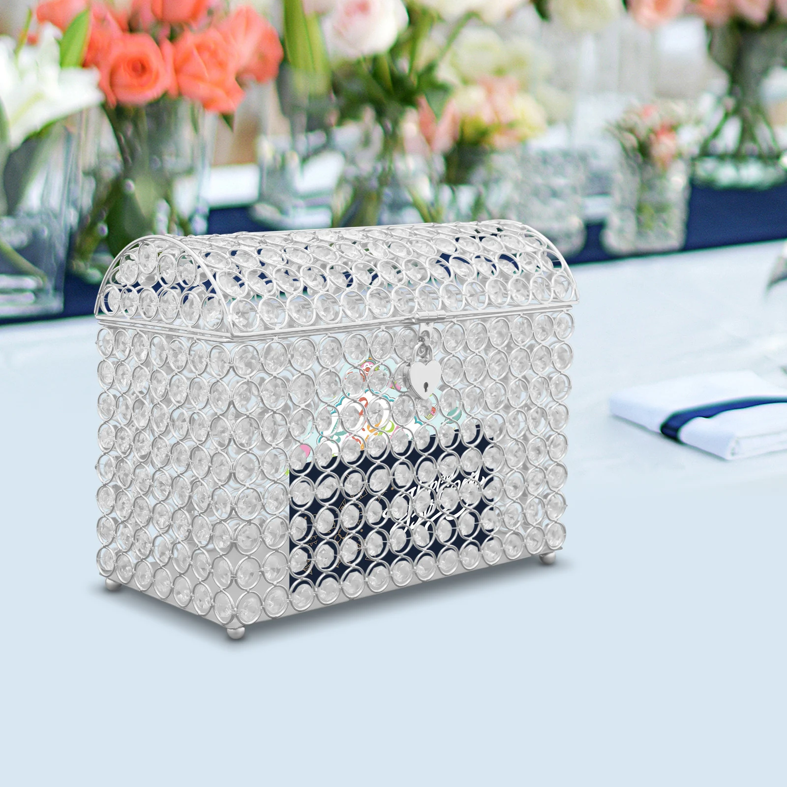 

Элегантная хрустальная коробка для свадебной открытки с замком в форме сердца - серебро, современный держатель для денег для свадебного душа, свадебной церемонии