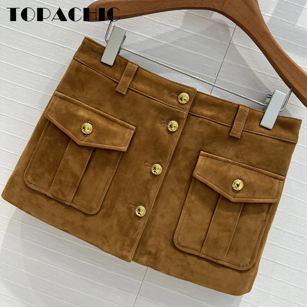 7.12 TOPACHIC Women Vintage Cow Suede Genuine Leather Straight Short Skirt Pocket Gold Botton Low Waist Mini Skirt