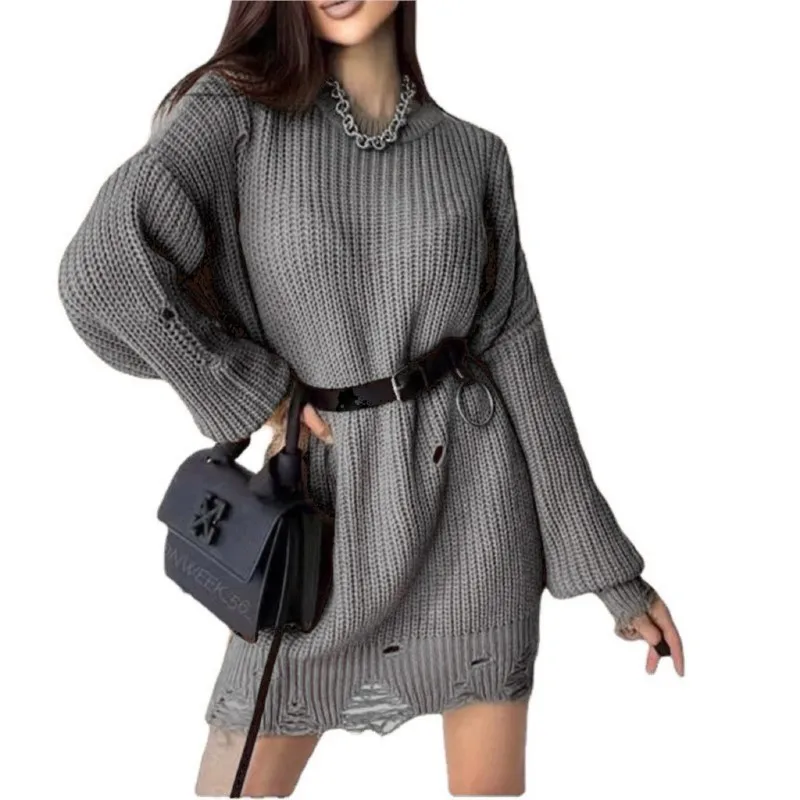 Autumn Winter New Solid Color Round Neck Long Sleeved Sweater With A Torn Hole At The Hem Loose Knit Pullover Sweater