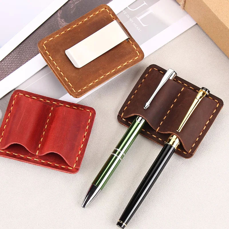 Multi-Color PU Faux Leather Dual Pen Clip Stainless Steel Clip Creative Stationery Accessory Faux Pen Holder for Office Use