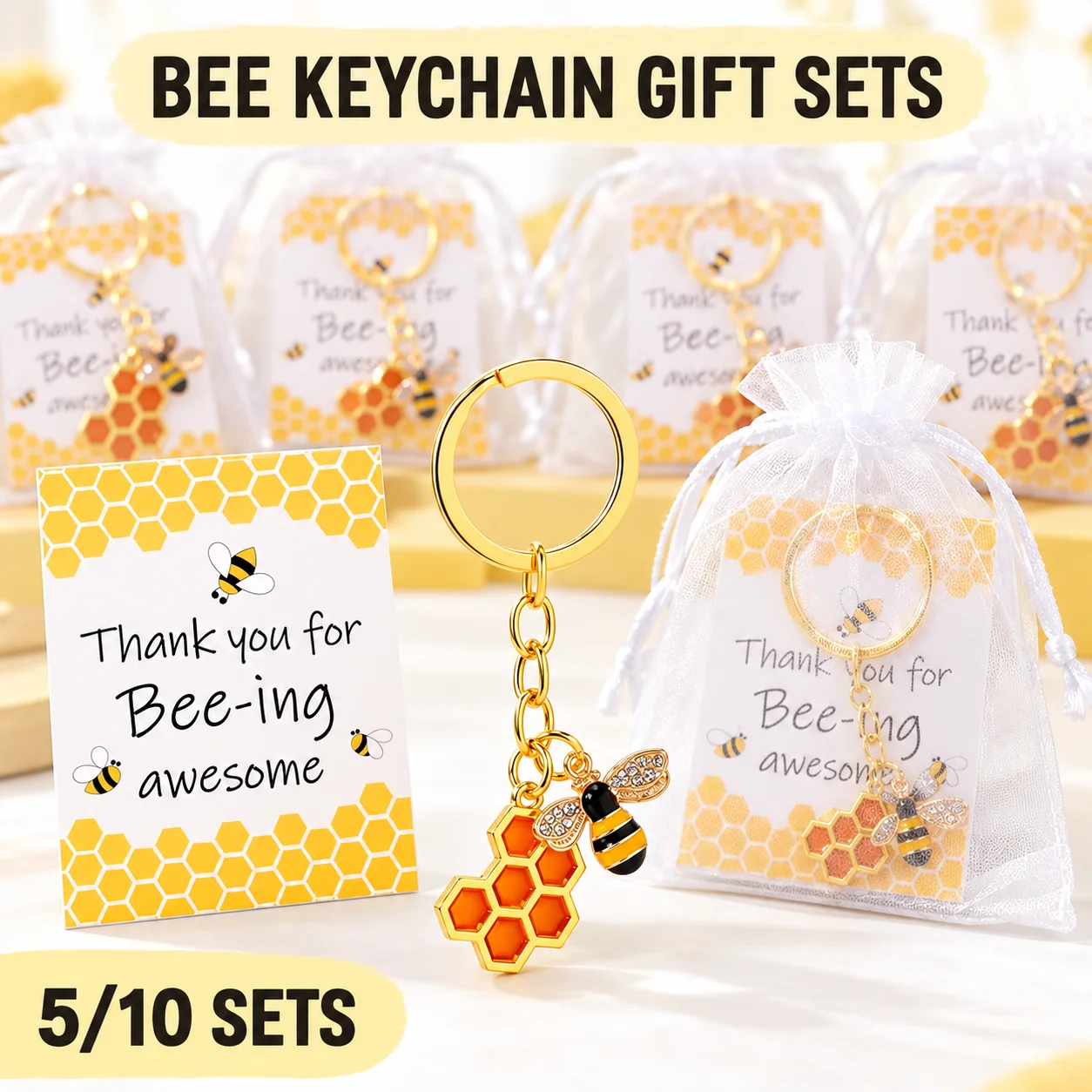 5/10 Sets Bee Keychain Party Favors with Thank You Cards Organza Bags Honeycomb Keyring Gifts for Coworkers Teachers Guests