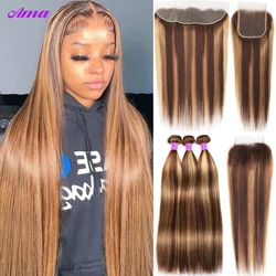 Highlight Bundles With Frontal 13x4 4x4 Inch Straight Bundles With Frontal Closure Honey Blonde Human Hair Bundles With Frontal