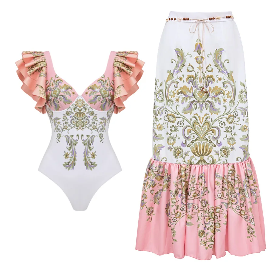 

Цельный купальник для женщин с V-образным вырезом, рюшами и цветочным принтом в этническом стиле, с цветовыми акцентами, цельный купальник для женщин