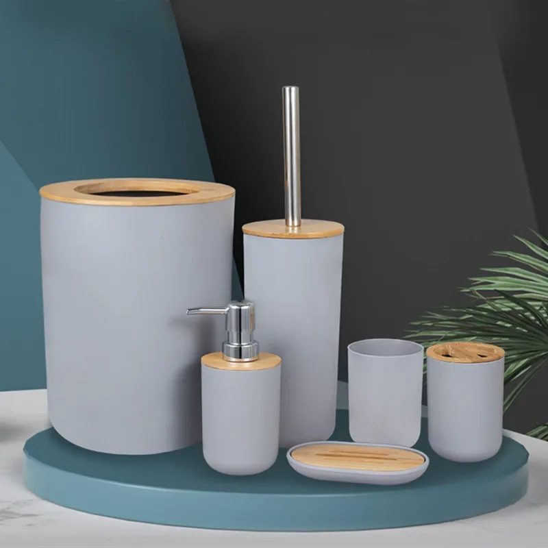 6Pcs/Set Soap Dispenser Box Toilet Brush Lotion Bottle Trash Can Bamboo Plastic Bathroom Storage Set Toothbrush Cup Holder