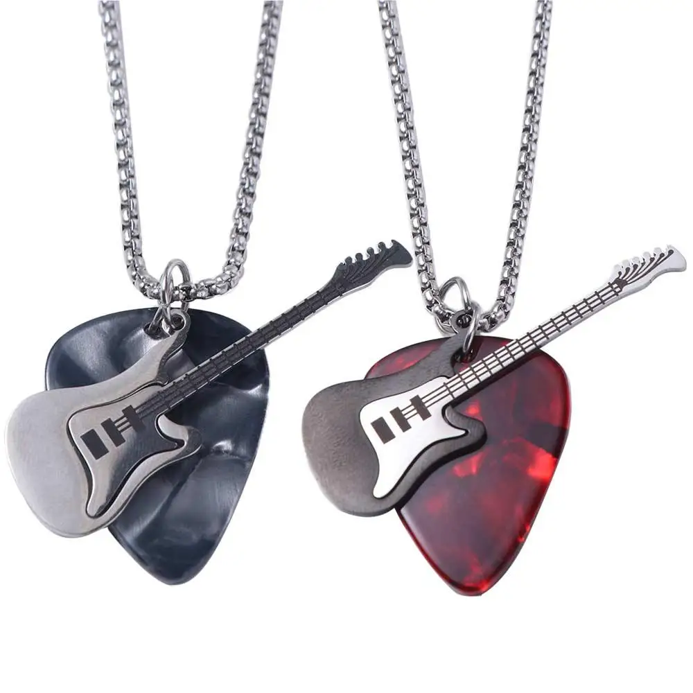 Hip-hop Guitar Pick Pendant Necklace Titanium Steel Punk Guitar Chain Choker Vintage Trendy Electric Guitar Sweater Chain Couple