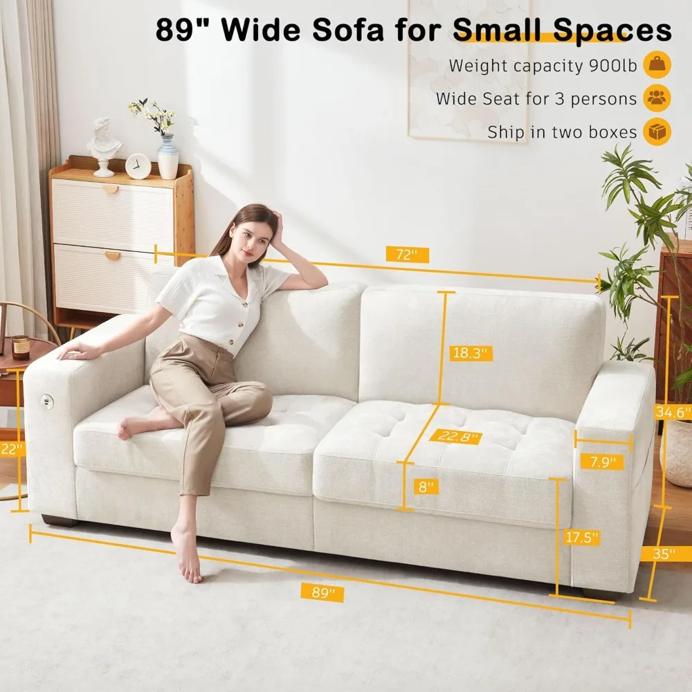 Sofá de sala de estar de 89 polegadas, sofá moderno e confortável, apoios de braços largos, porta USB/tipo C, sofá de tecido de chenille